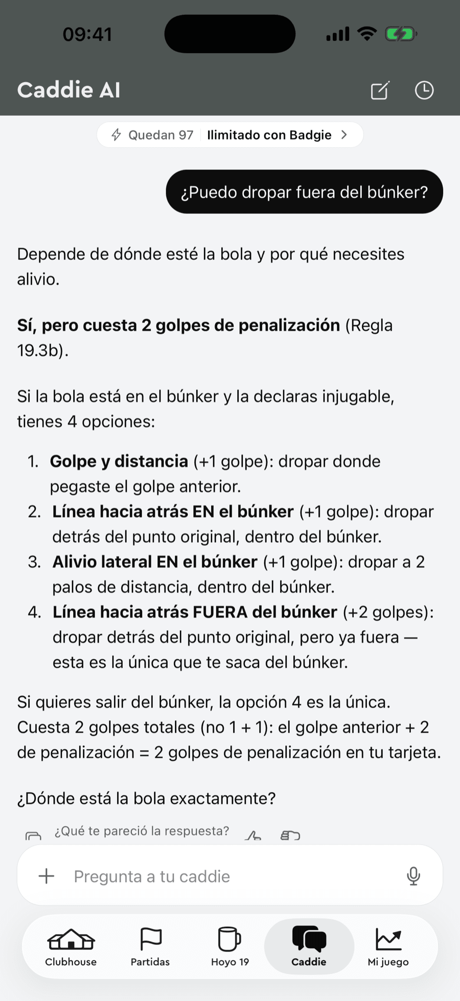 Caddie AI de Badgie Golf répondant sur le dégagement du bunker avec la règle 19.3b