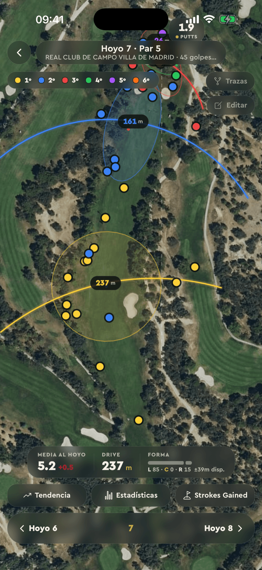 Dispersión de golpes por hoyo sobre el mapa del campo en Badgie Golf