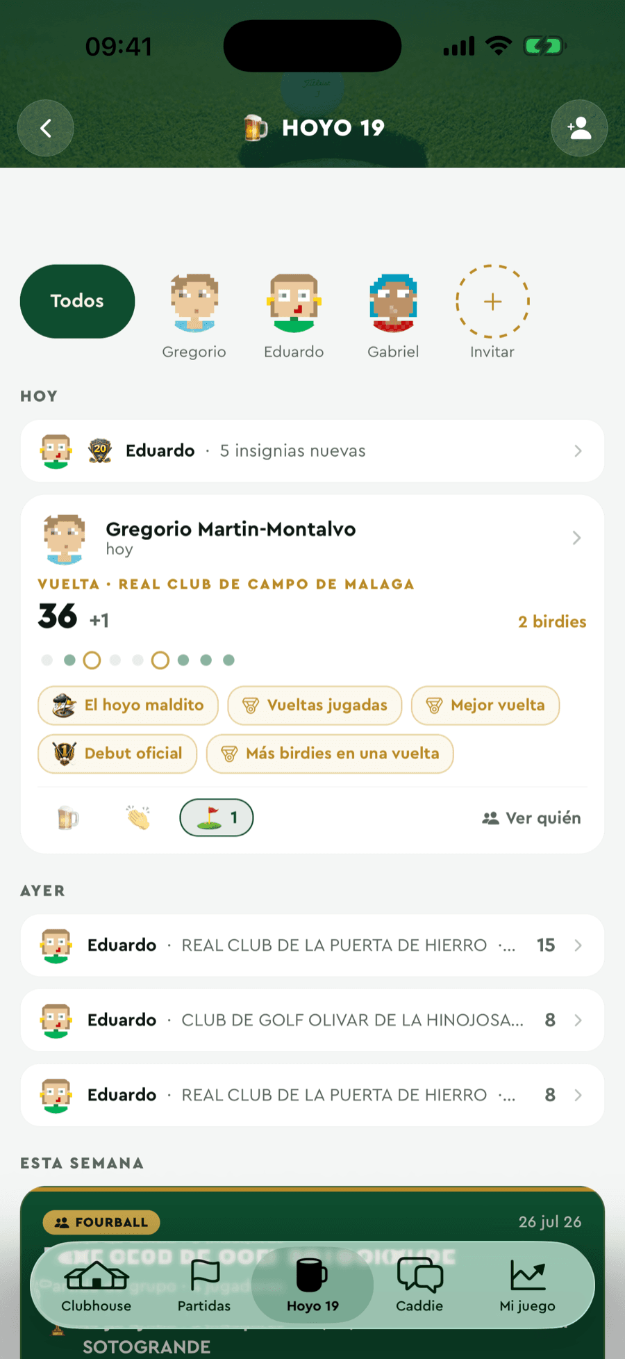 Le Trou 19 de Badgie Golf : fil social avec parties, badges et parties à rejoindre