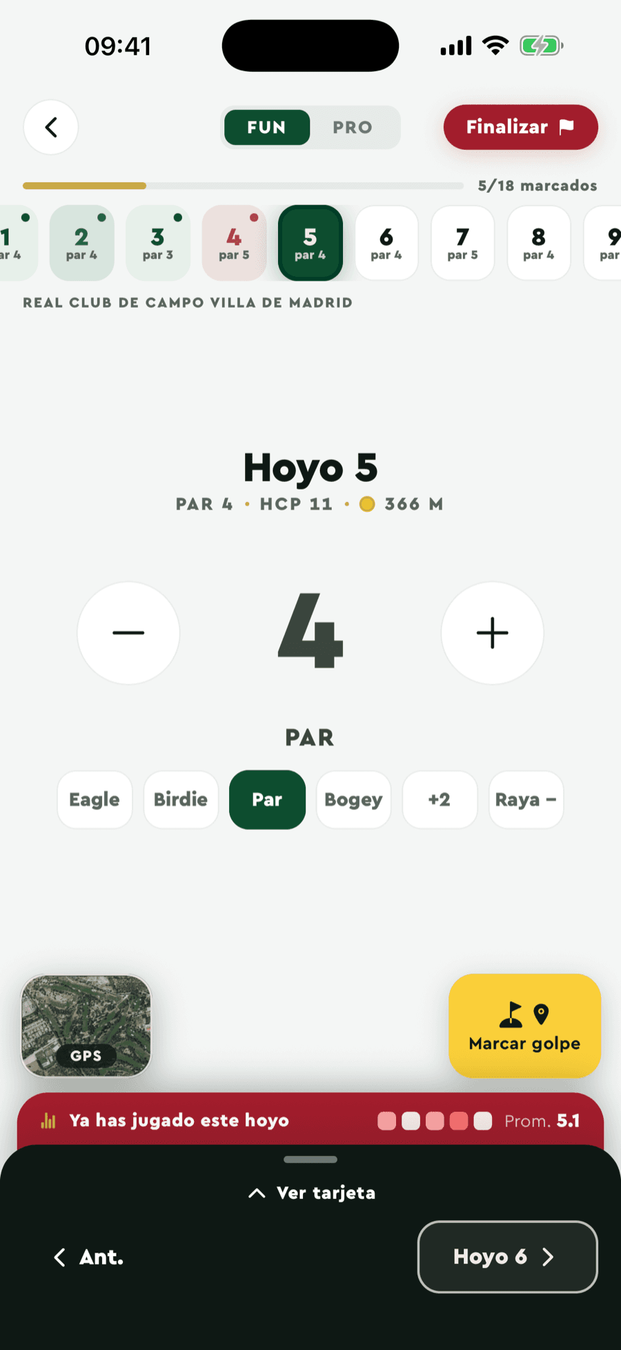 Carte en direct de Badgie Golf : saisie du trou avec GPS et votre moyenne