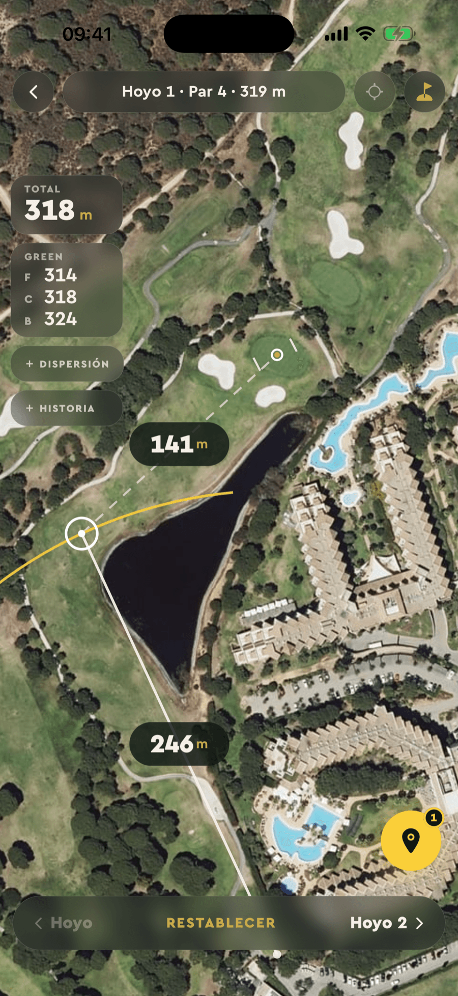 Télémètre GPS de Badgie Golf : distance au green sur image satellite
